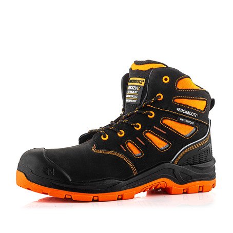 BUCKBOOTZ SAFETY WELLINGTON SIZE 11 BLACK / ORANGE BBZ8000