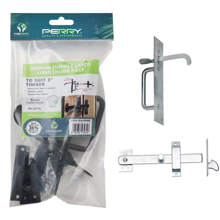 Perry No.20/4L Medium Suffolk Latches - Long Thumb Piece Black