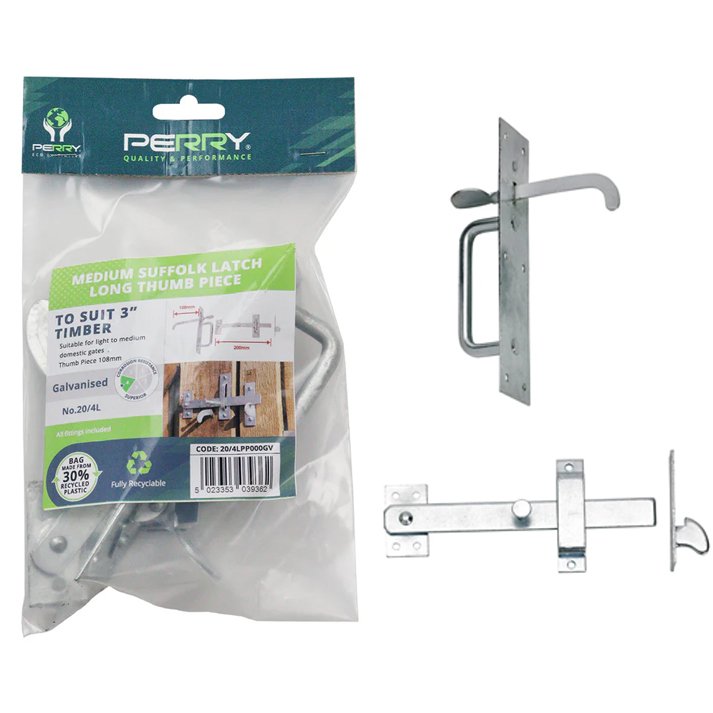 Perry No.20/4L Medium Suffolk Latches - Long Thumb Piece Galvanised