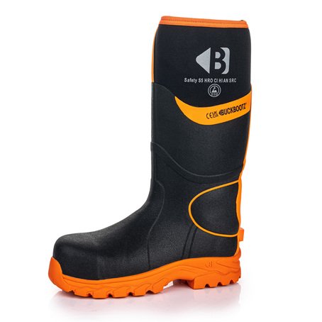 BUCKBOOTZ SAFETY WELLINGTON SIZE 10 BLACK / ORANGE BBZ8000